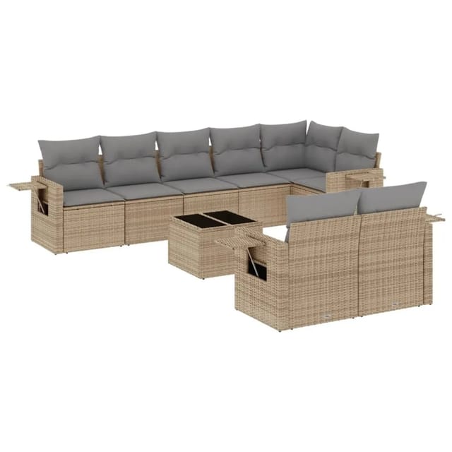 vidaXL 9-Tlg Garten-Sofagarnitur mit Kissen Beige Poly Rattan 3220428