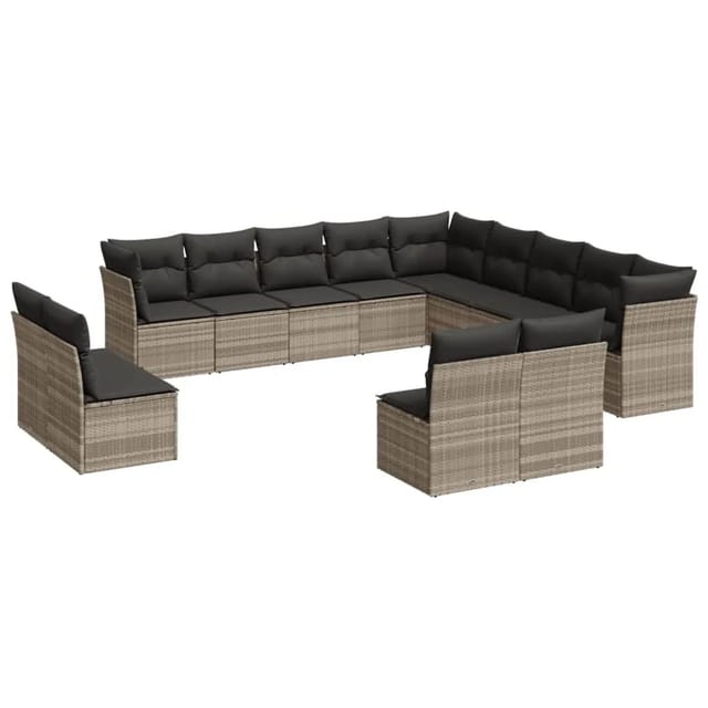vidaXL 13-Tlg Garten-Sofagarnitur mit Kissen Hellgrau Poly Rattan 3250331