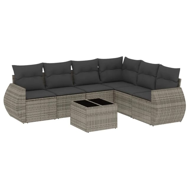 vidaXL 7-Tlg Garten-Sofagarnitur mit Kissen Grau Poly Rattan 3221419