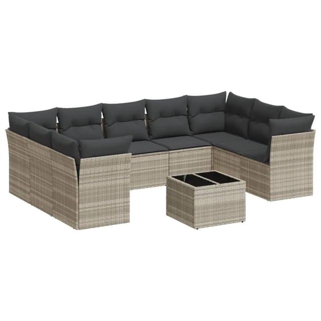 vidaXL 10-Tlg Garten-Sofagarnitur mit Kissen Hellgrau Poly Rattan 3218142