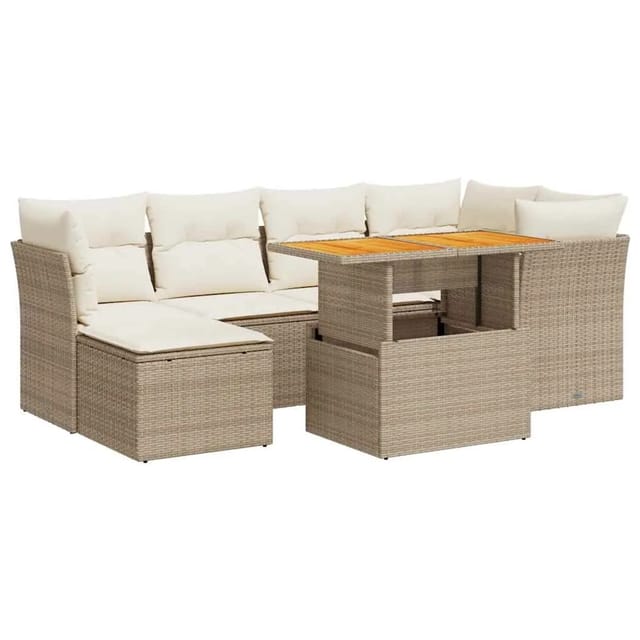 vidaXL 7-Tlg Garten-Sofagarnitur mit Kissen Beige Poly Rattan 3326949
