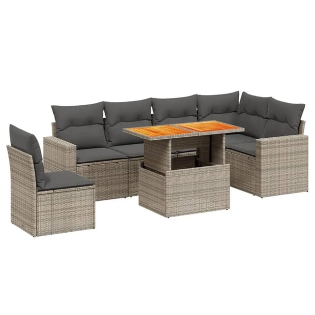 vidaXL 7-Tlg Garten-Sofagarnitur mit Kissen Grau Poly Rattan 3271340