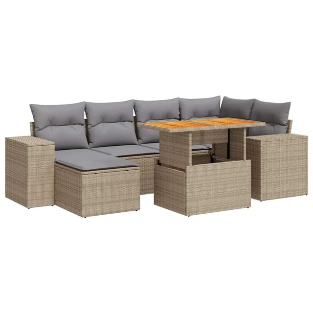 vidaXL 7-Tlg Garten-Sofagarnitur mit Kissen Beige Poly Rattan 3327398