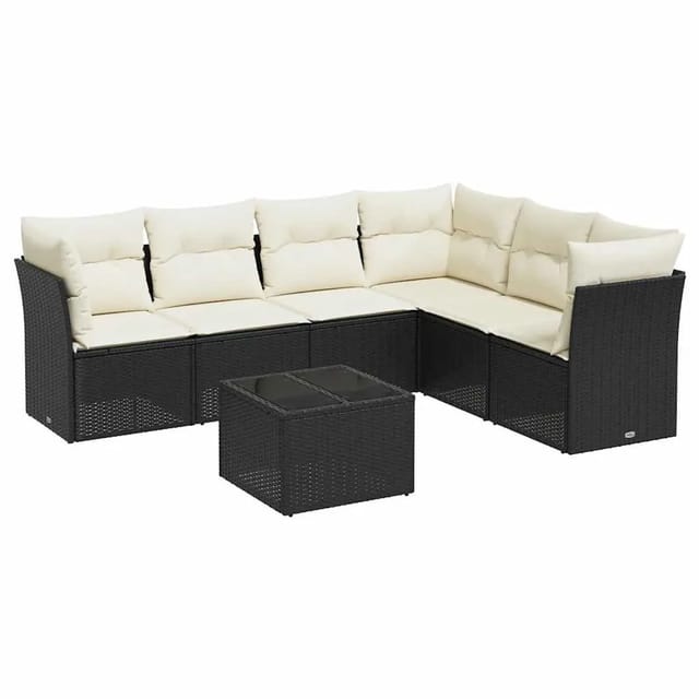 vidaXL 7-Tlg Garten-Sofagarnitur mit Kissen Schwarz Poly Rattan 3249525