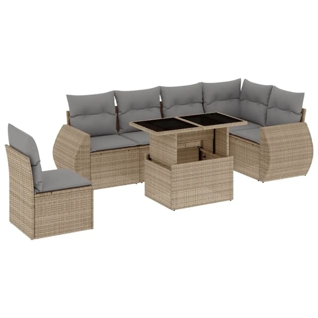 vidaXL 7-Tlg Garten-Sofagarnitur mit Kissen Beige Poly Rattan 3268569