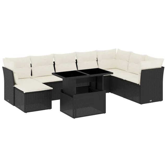 vidaXL 9-Tlg Garten-Sofagarnitur mit Kissen Schwarz Poly Rattan 3266786