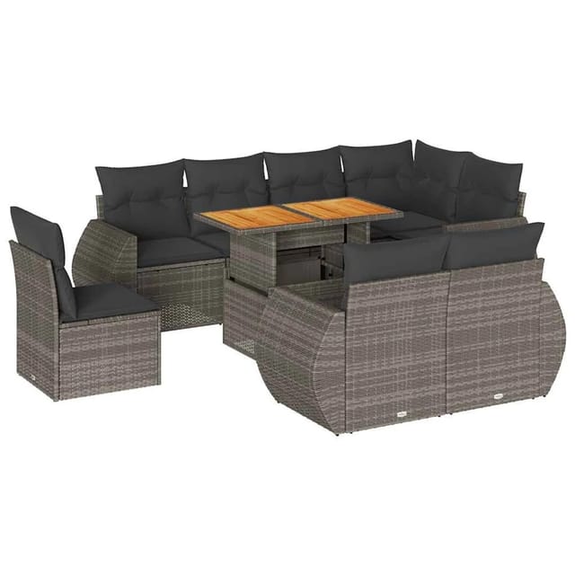 vidaXL 9-Tlg Garten-Sofagarnitur mit Kissen Grau Poly Rattan 3327280