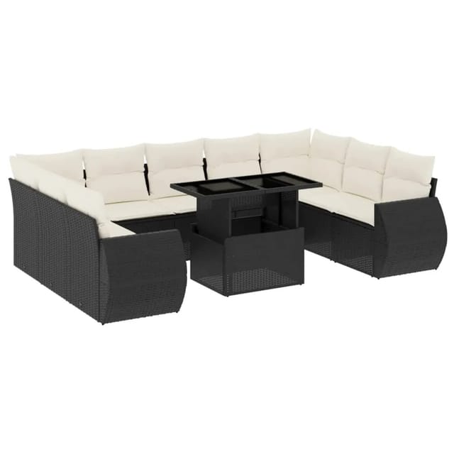 vidaXL 10-Tlg Garten-Sofagarnitur mit Kissen Schwarz Poly Rattan 3268736