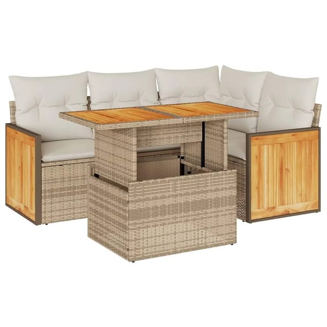 vidaXL 5-Tlg Garten-Sofagarnitur mit Kissen Beige Poly Rattan Akazie 3327705