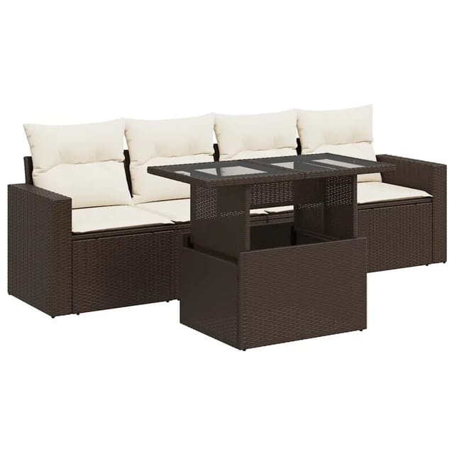 vidaXL 5-Tlg Garten-Sofagarnitur mit Kissen Braun Poly Rattan 3326244