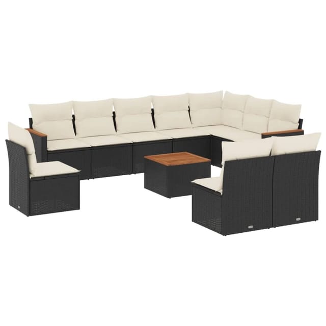 vidaXL 11-Tlg Garten-Sofagarnitur mit Kissen Schwarz Poly Rattan 3226077