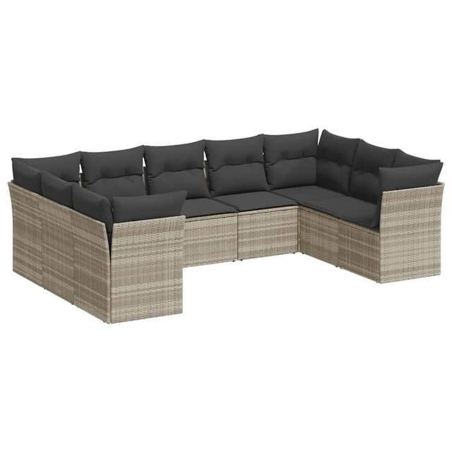 vidaXL 9-Tlg Garten-Sofagarnitur mit Kissen Hellgrau Poly Rattan 3249971