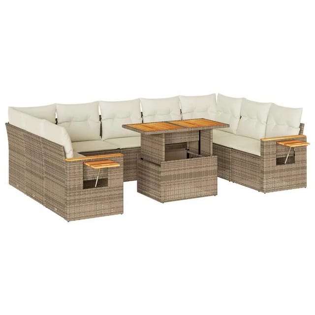 vidaXL 10-Tlg Garten-Sofagarnitur mit Kissen Beige Poly Rattan Akazie 3327642