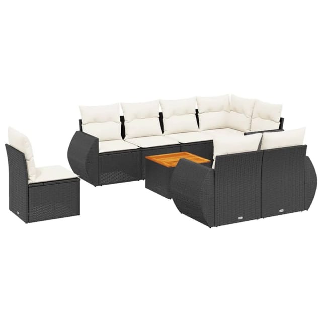 vidaXL 9-Tlg Garten-Sofagarnitur mit Kissen Schwarz Poly Rattan 3225097