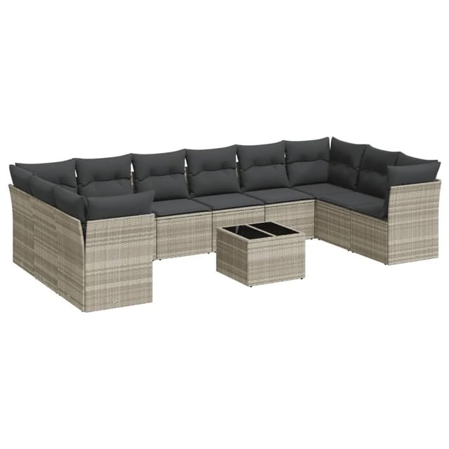 vidaXL 11-Tlg Garten-Sofagarnitur mit Kissen Hellgrau Poly Rattan 3218212