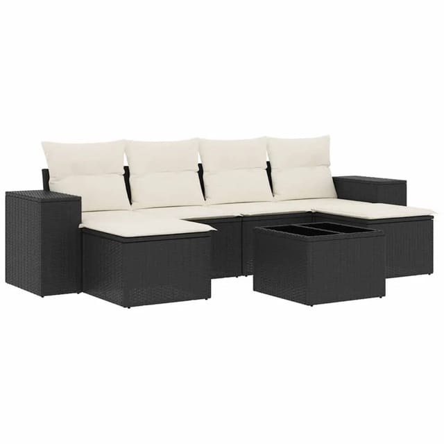 vidaXL 7-Tlg Garten-Sofagarnitur mit Kissen Schwarz Poly Rattan 3255263