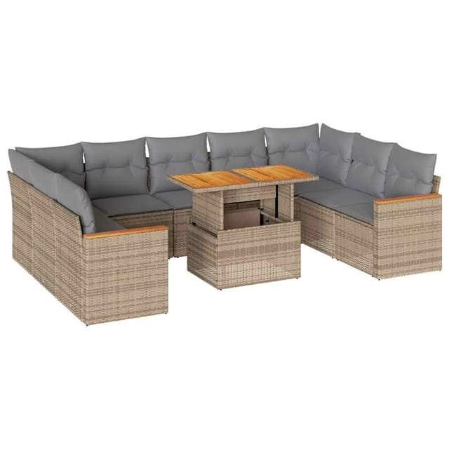 vidaXL 10-Tlg Garten-Sofagarnitur mit Kissen Beige Poly Rattan Akazie 3327531