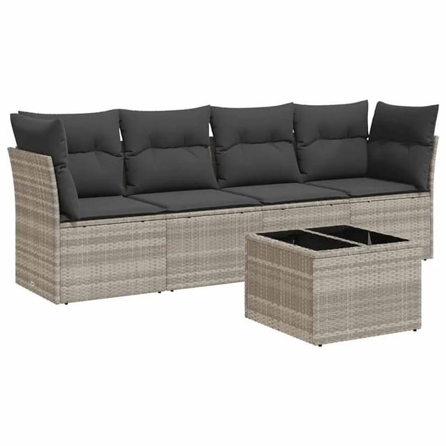 vidaXL 5-Tlg Garten-Sofagarnitur mit Kissen Hellgrau Poly Rattan 3249081