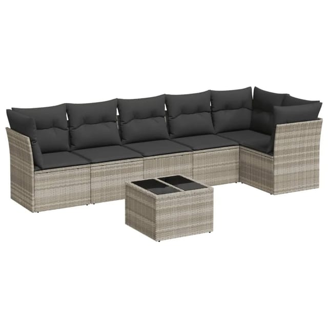 vidaXL 7-Tlg Garten-Sofagarnitur mit Kissen Hellgrau Poly Rattan 3217672