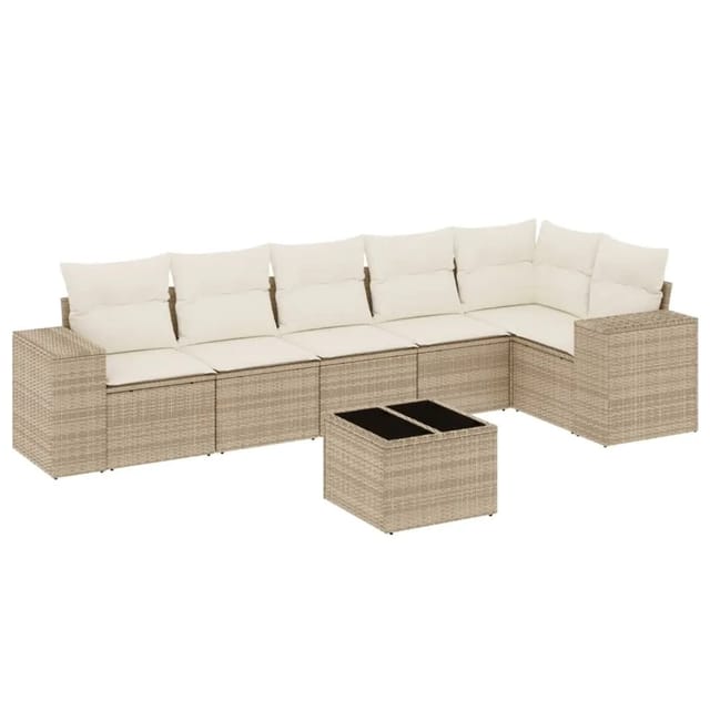vidaXL 7-Tlg Garten-Sofagarnitur mit Kissen Beige Poly Rattan 3254935