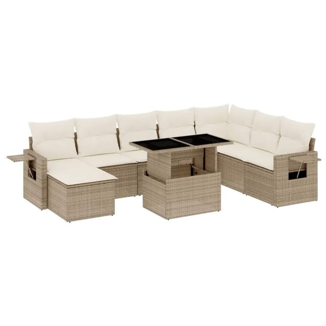 vidaXL 9-Tlg Garten-Sofagarnitur mit Kissen Beige Poly Rattan 3268098