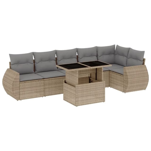 vidaXL 7-Tlg Garten-Sofagarnitur mit Kissen Beige Poly Rattan 3268549