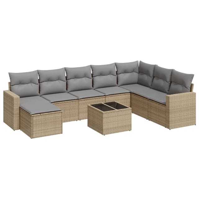 vidaXL 9-Tlg Garten-Sofagarnitur mit Kissen Beige Poly Rattan 3219359