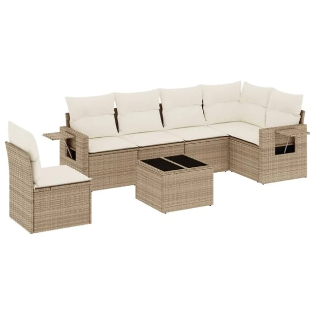 vidaXL 7-Tlg Garten-Sofagarnitur mit Kissen Beige Poly Rattan 3252575