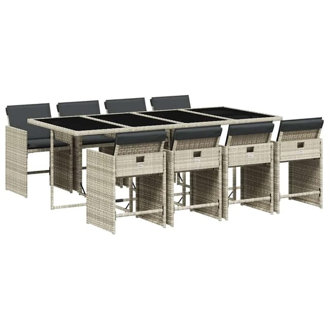 vidaXL 9-Tlg Garten-Essgruppe mit Kissen Hellgrau Poly Rattan 3211103