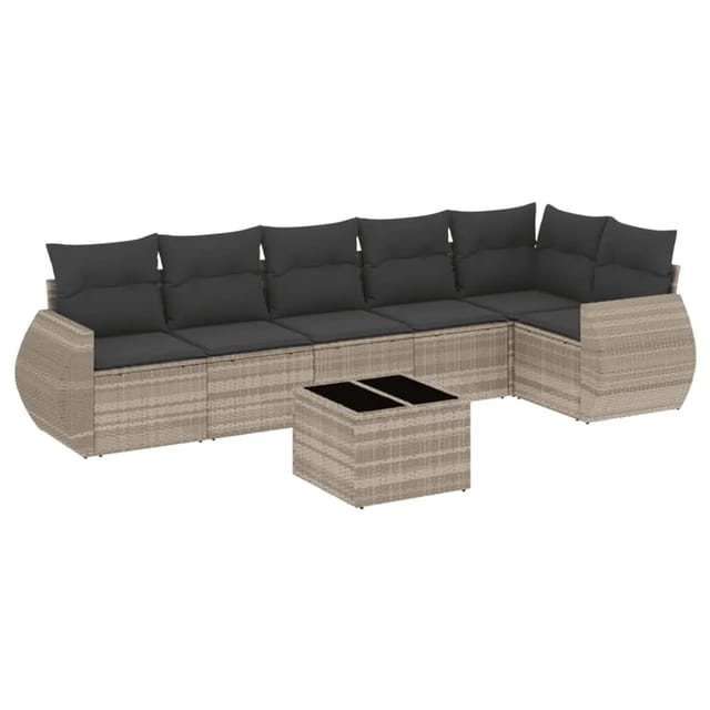 vidaXL 7-Tlg Garten-Sofagarnitur mit Kissen Hellgrau Poly Rattan 3253739