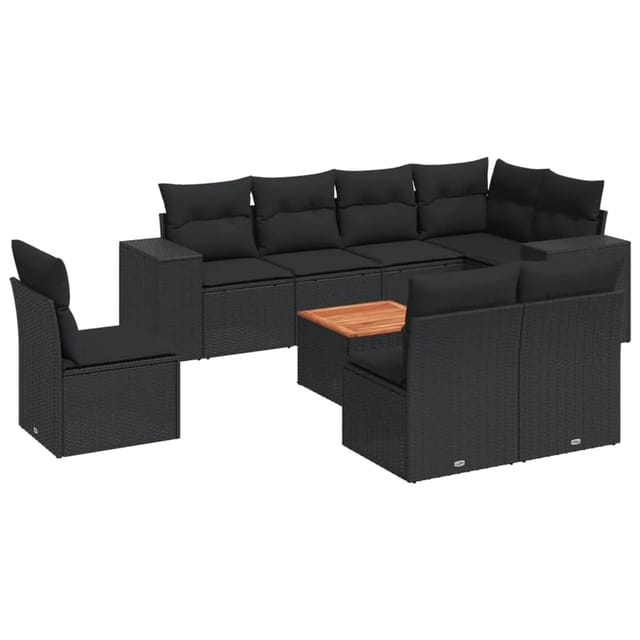 vidaXL 9-Tlg Garten-Sofagarnitur mit Kissen Schwarz Poly Rattan 3225481