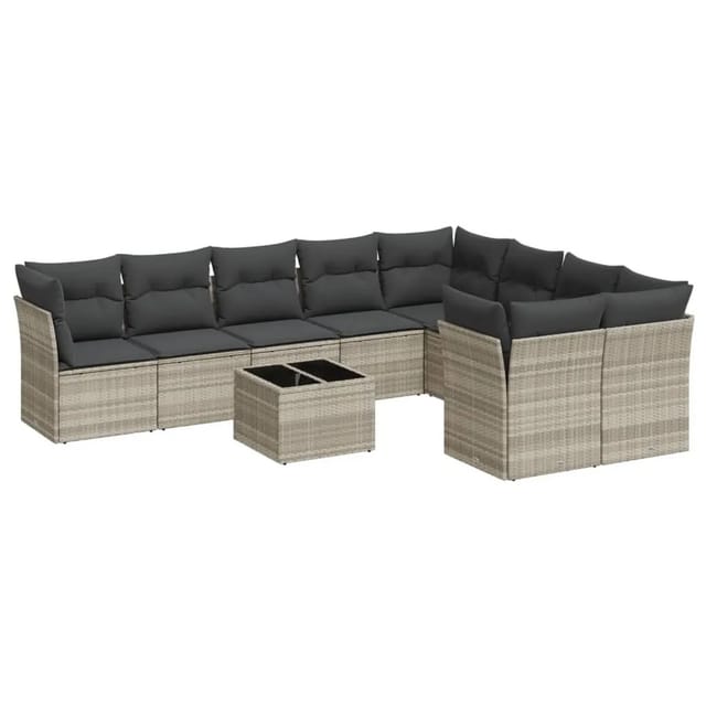 vidaXL 10-Tlg Garten-Sofagarnitur mit Kissen Hellgrau Poly Rattan 3218182