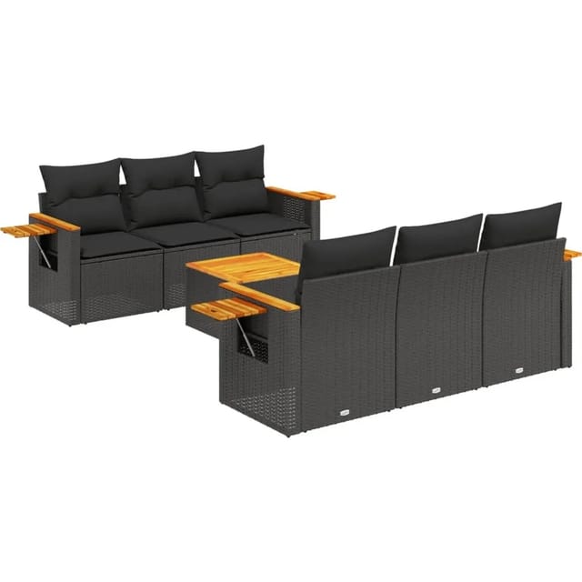 vidaXL 7-Tlg Garten-Sofagarnitur mit Kissen Schwarz Poly Rattan 3226629