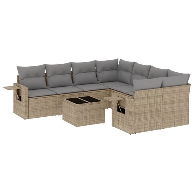 vidaXL 9-Tlg Garten-Sofagarnitur mit Kissen Beige Poly Rattan 3219958