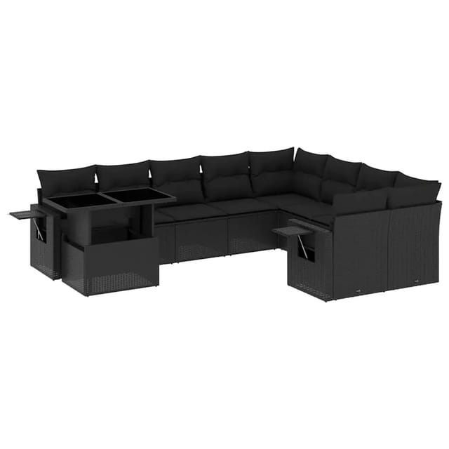 vidaXL 10-Tlg Garten-Sofagarnitur mit Kissen Schwarz Poly Rattan 3268135
