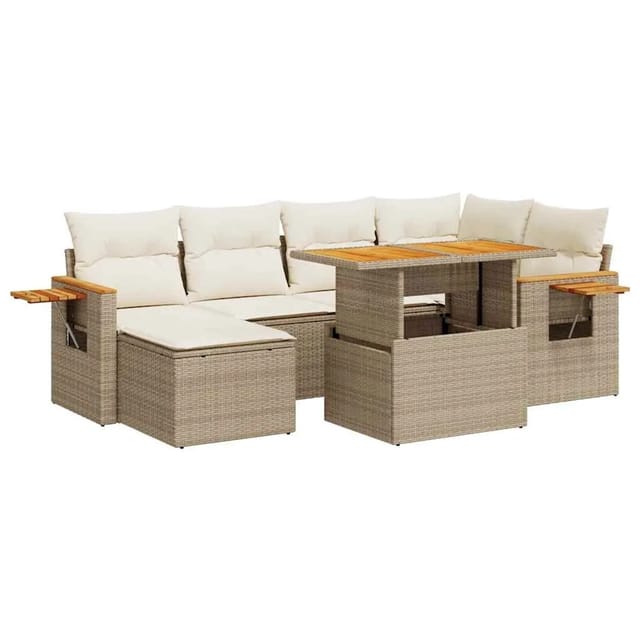 vidaXL 7-Tlg Garten-Sofagarnitur mit Kissen Beige Poly Rattan Akazie 3327621