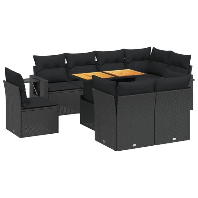 vidaXL 9-Tlg Garten-Sofagarnitur mit Kissen Schwarz Poly Rattan 3271846