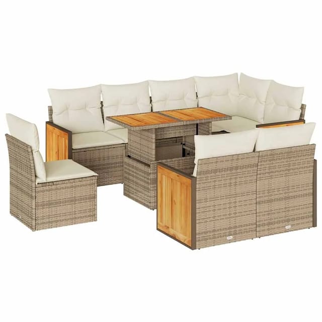 vidaXL 9-Tlg Garten-Sofagarnitur mit Kissen Beige Poly Rattan Akazie 3327726