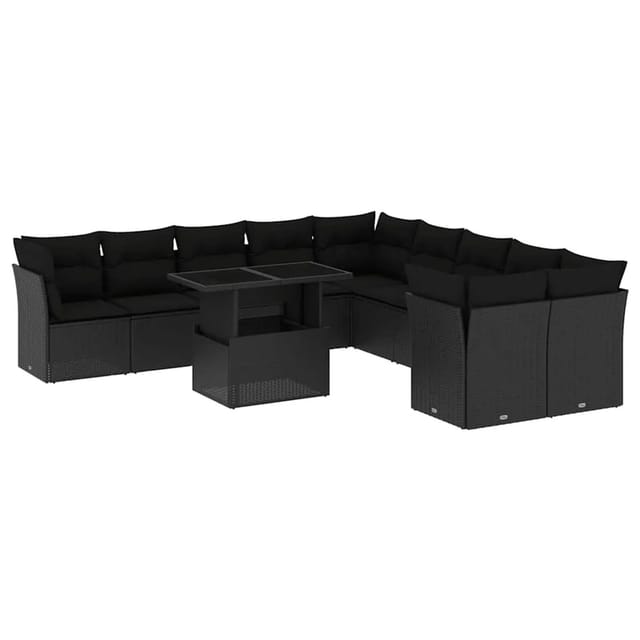 vidaXL 11-Tlg Garten-Sofagarnitur mit Kissen Schwarz Poly Rattan 3266875