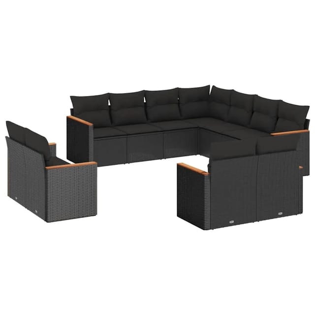 vidaXL 11-Tlg Garten-Sofagarnitur mit Kissen Schwarz Poly Rattan 3226496
