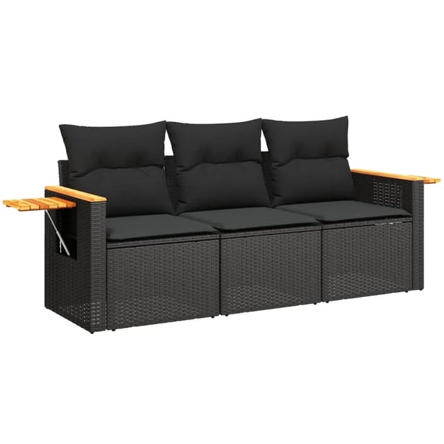 vidaXL 3-Tlg Garten-Sofagarnitur mit Kissen Schwarz Poly Rattan 3258996
