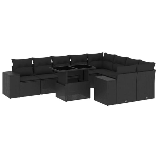 vidaXL 10-Tlg Garten-Sofagarnitur mit Kissen Schwarz Poly Rattan 3269385