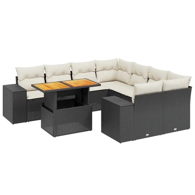 vidaXL 9-Tlg Garten-Sofagarnitur mit Kissen Schwarz Poly Rattan 3272561