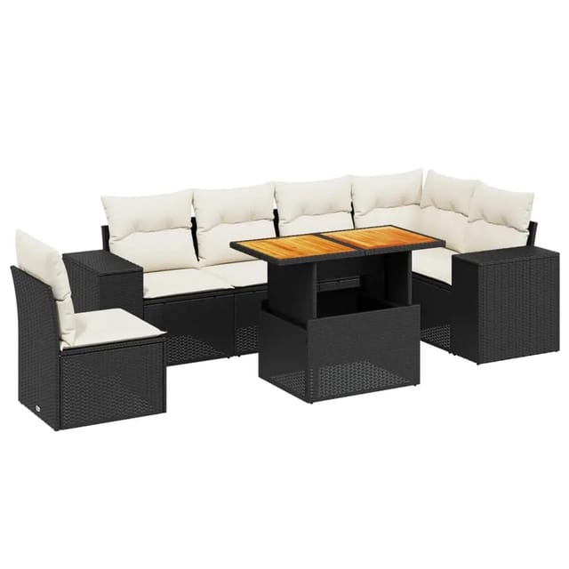 vidaXL 7-Tlg Garten-Sofagarnitur mit Kissen Schwarz Poly Rattan 3272659