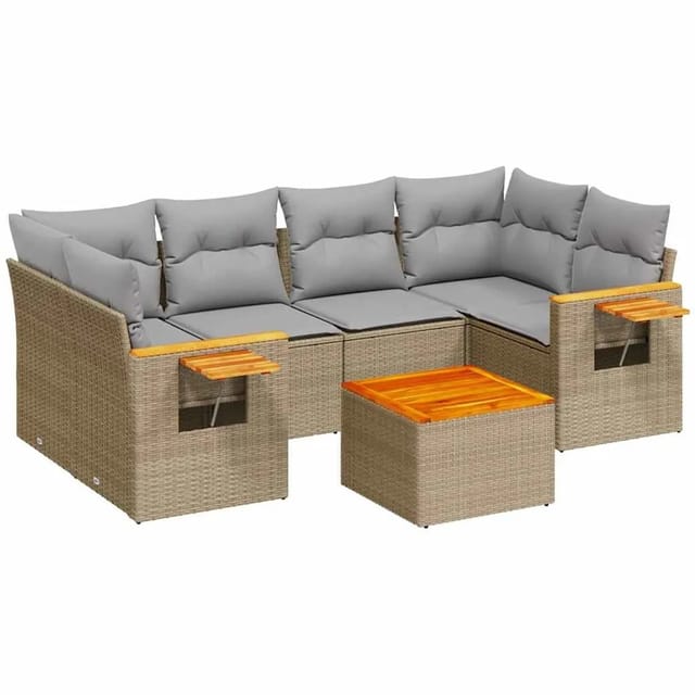 vidaXL 7-Tlg Garten-Sofagarnitur mit Kissen Beige Poly Rattan 3226640