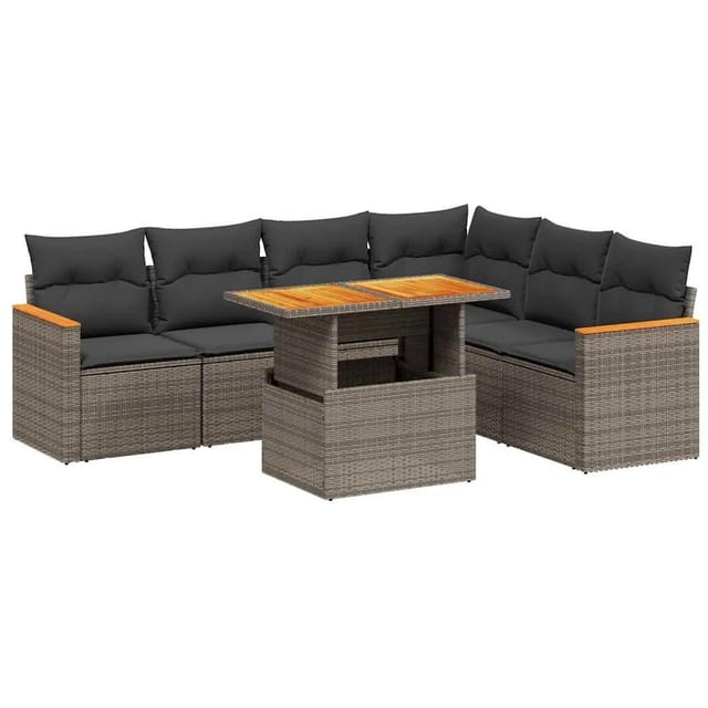 vidaXL 7-Tlg Garten-Sofagarnitur mit Kissen Grau Poly Rattan 3273097