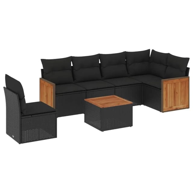 vidaXL 7-Tlg Garten-Sofagarnitur mit Kissen Schwarz Poly Rattan 3227700
