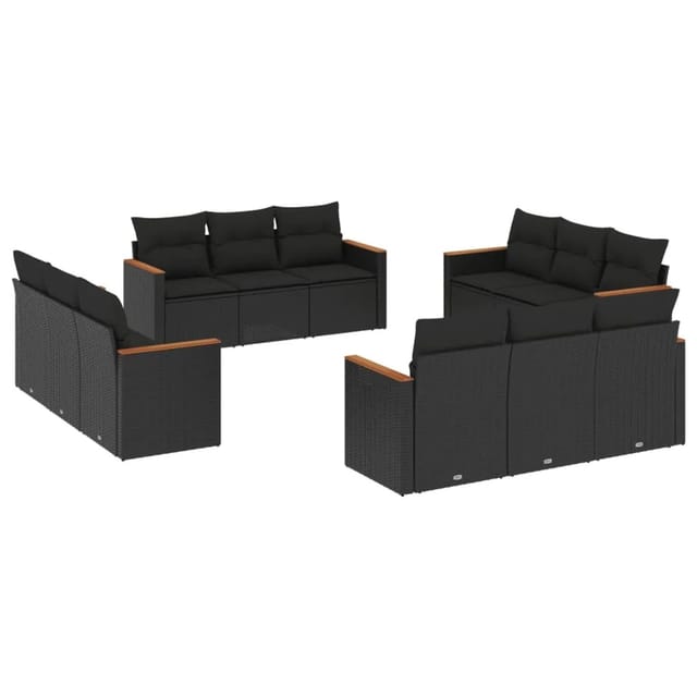 vidaXL 12-Tlg Garten-Sofagarnitur mit Kissen Schwarz Poly Rattan 3258233