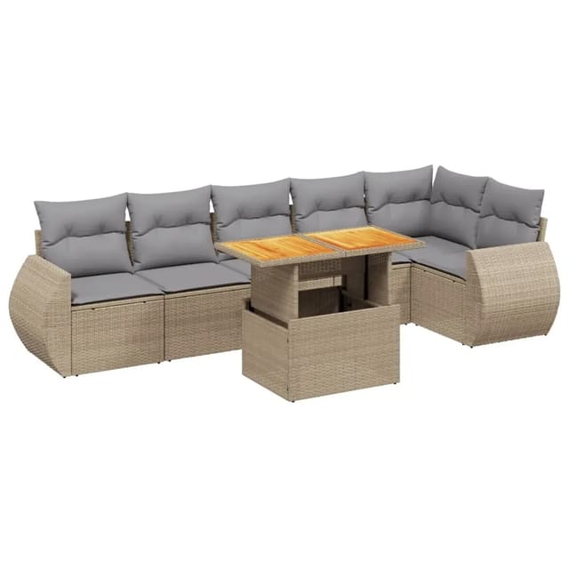 vidaXL 7-Tlg Garten-Sofagarnitur mit Kissen Beige Poly Rattan 3272207