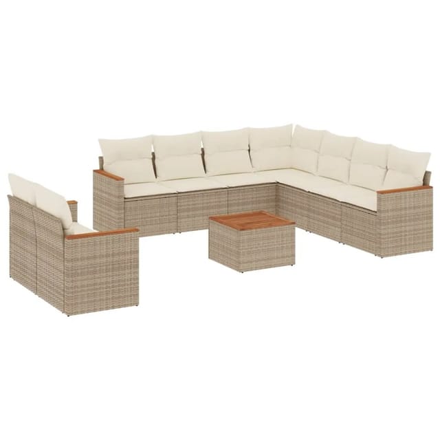 vidaXL 10-Tlg Garten-Sofagarnitur mit Kissen Beige Poly Rattan 3226107